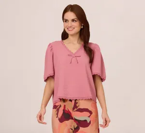 Short Sleeve Crochet Trim Top In Mesa Rose