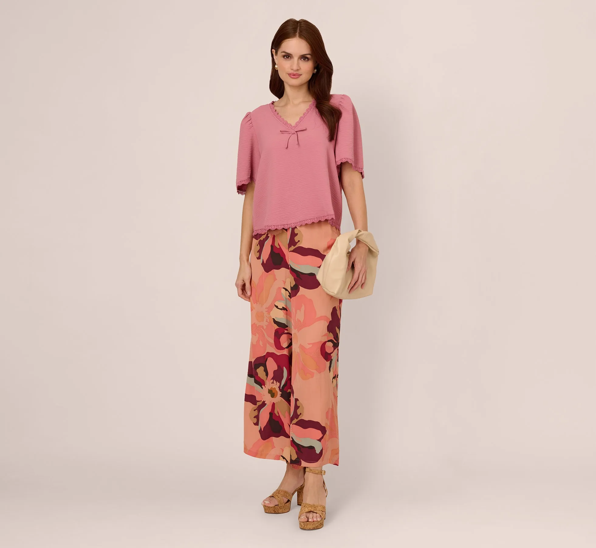 Short Sleeve Crochet Trim Top In Mesa Rose