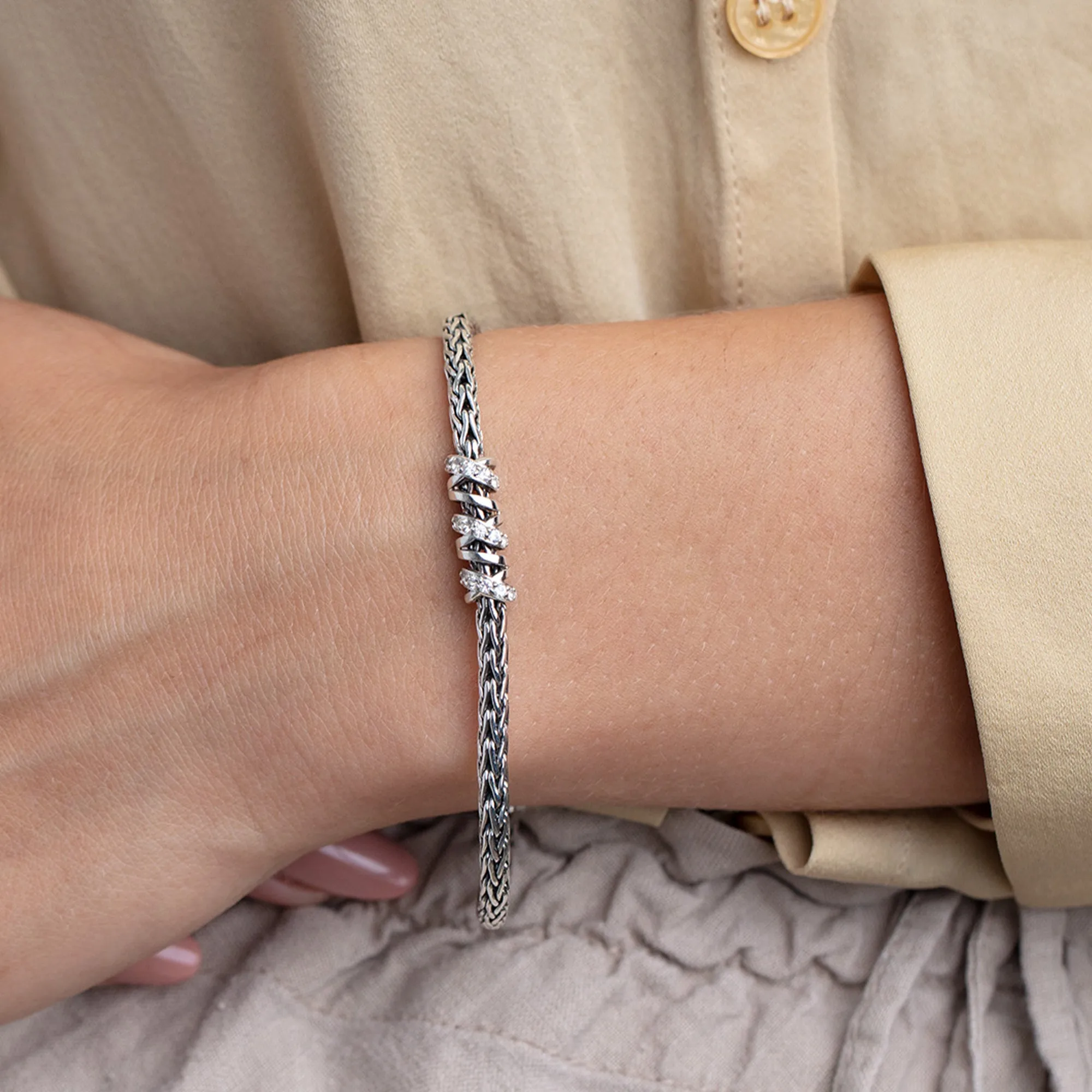 Silver & White Sapphire Woven Spiral Chain Bracelet