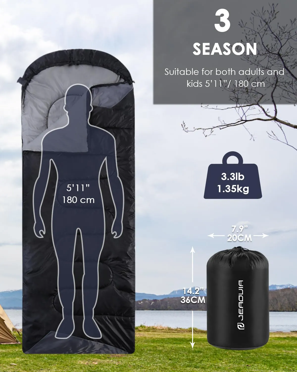 Sleeping Bags for Adults Backpacking Lightweight Waterproof- Cold Weather Sleeping Bag for Girls Boys Mens for Warm Camping Hiking Outdoor Travel Hunting with Compression Bags（Black）