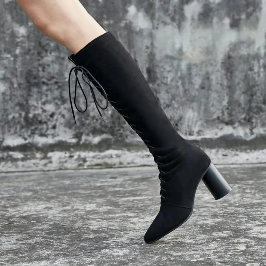 Small Chunky Heel Lace Up Long Boots GS157
