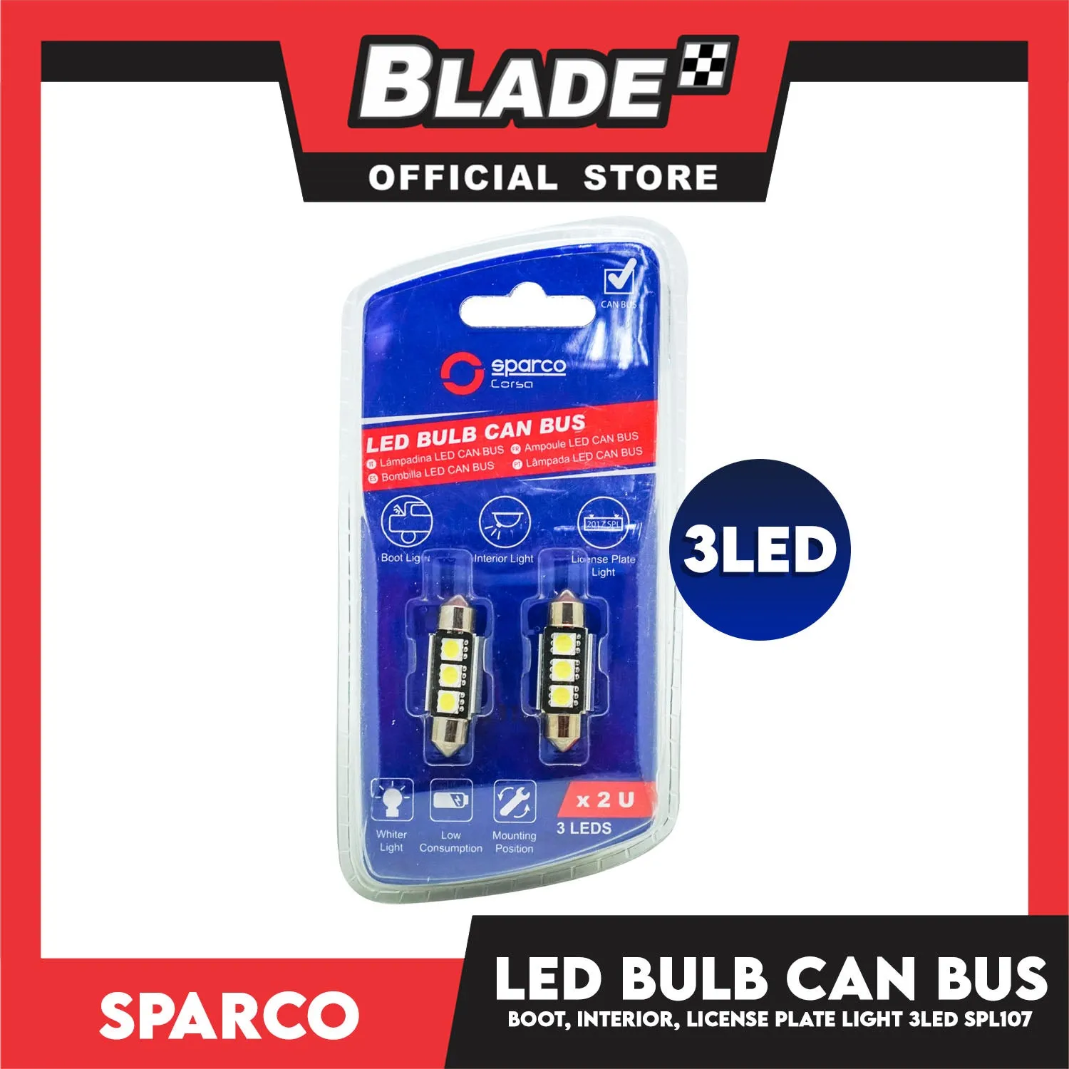 Sparco Led Bulb Can Bus SPL107 3LEDS Used for Boot Light, Interior Light & License Plate Light