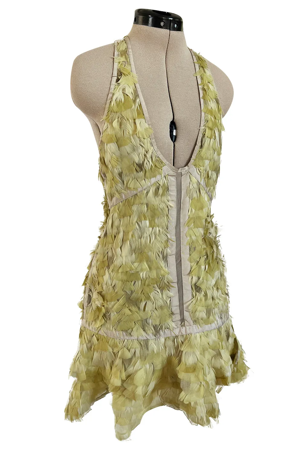 Spring 2003 Gucci by Tom Ford Rare Runway Look 27 Plunge Front Feather Mini Dress