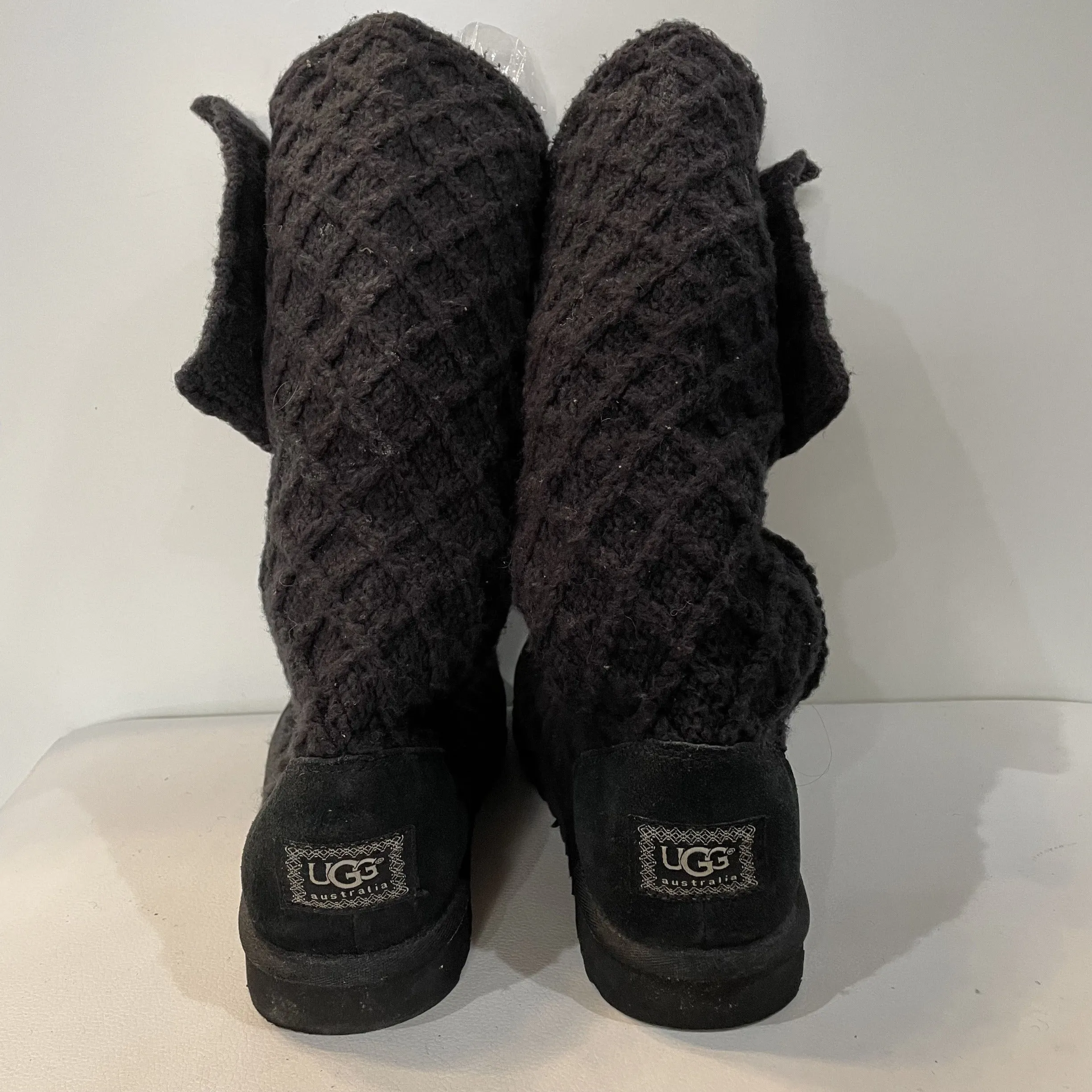 UGG BLACK TALL LATTICE CARDY KNIT SWEATER BOOTS Size 8
