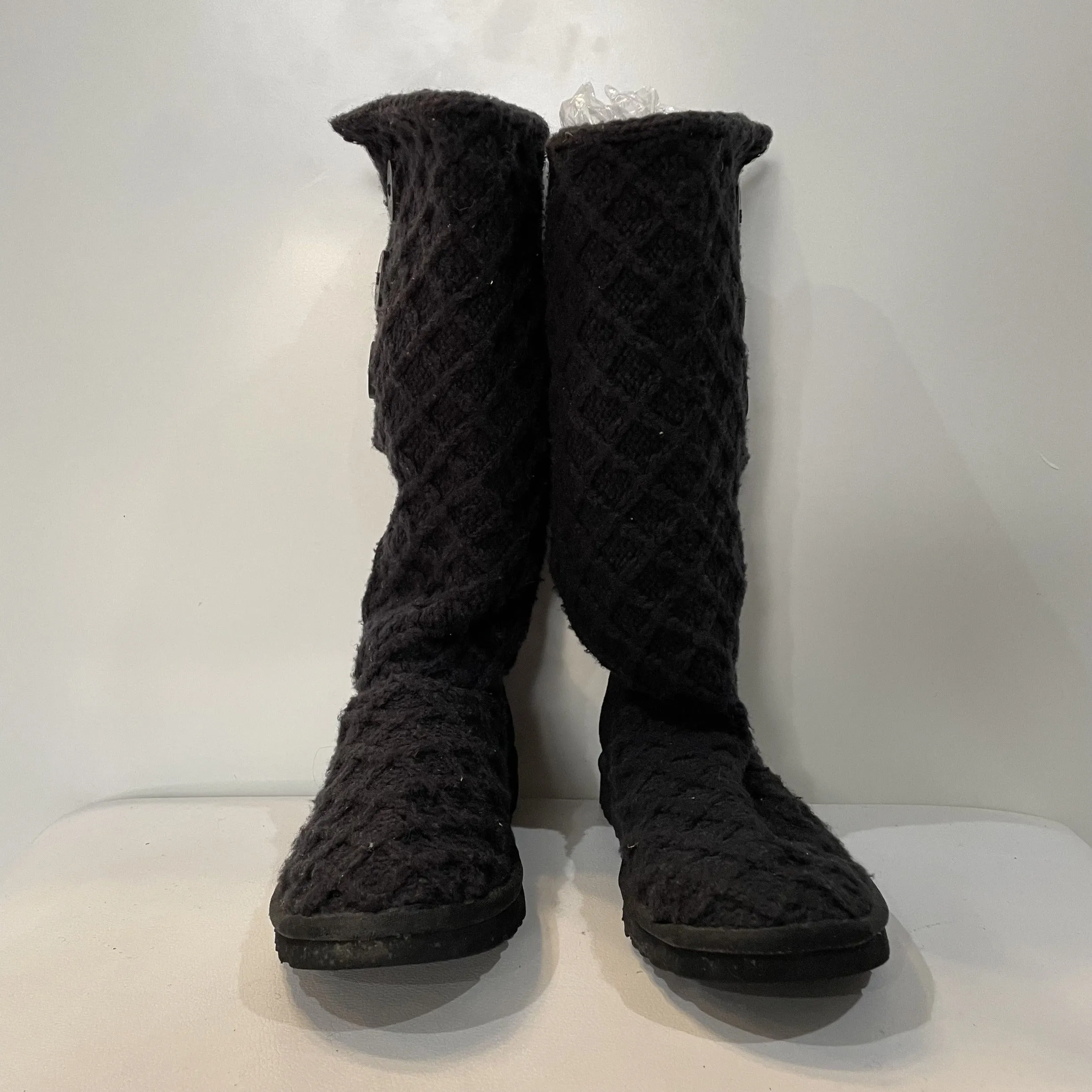 UGG BLACK TALL LATTICE CARDY KNIT SWEATER BOOTS Size 8