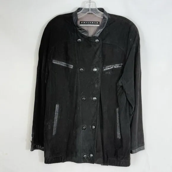 Vtg Friitala Finland Women’s Black Suede Leather Double-Breasted Jacket Size 6