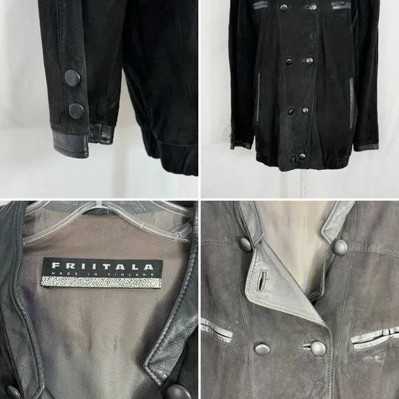 Vtg Friitala Finland Women’s Black Suede Leather Double-Breasted Jacket Size 6