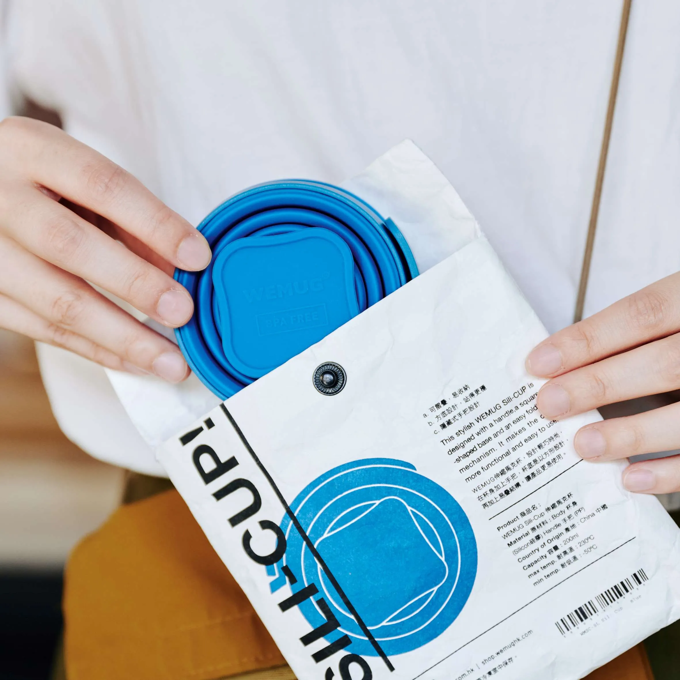WEMUG On-the-go Foldable Sili Cup with reusable Tyvek bag