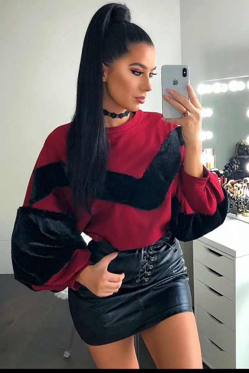 Wine Chevron Fur Jumper - Lara