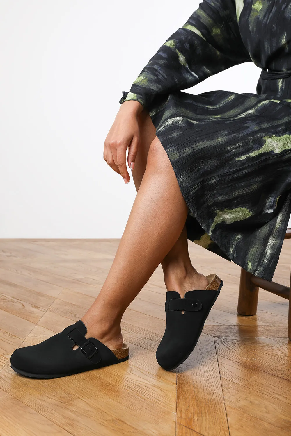 Zara Clog Inspired Slider Sandal in Black Faux Suede